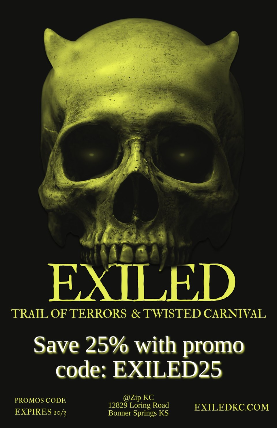 Green skull with devil horns, text promoting Exiled KC event, discount details included.
