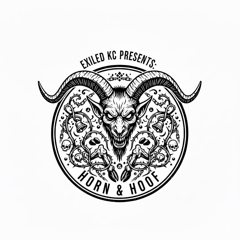 Intricate goat skull design with large horns, skulls, and chains, titled 'Horn & Hoof'.