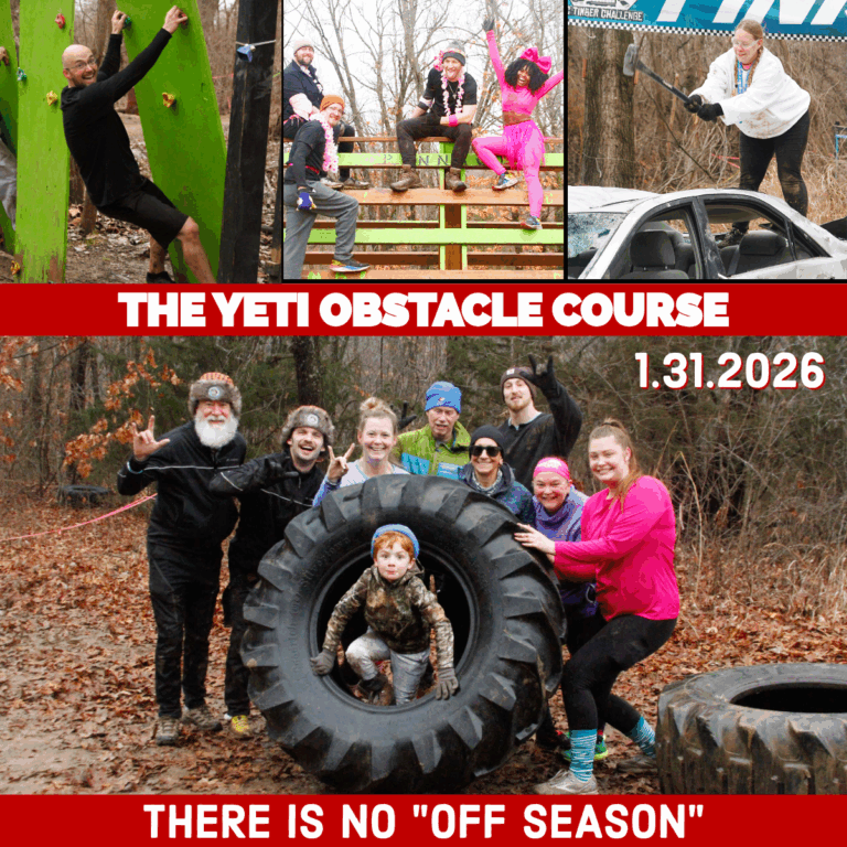 Collage of people on an obstacle course with caption: The Yeti Obstacle Course 1.31.2026.