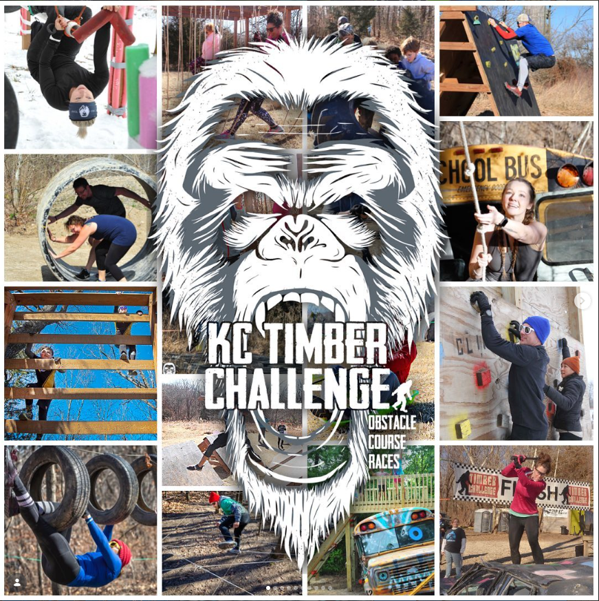 Collage of obstacle course race images with KC Timber Challenge logo in center.