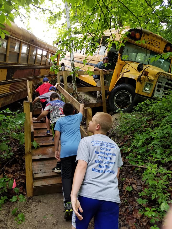 Children climbing stairs between parked school buses in a wooded area.