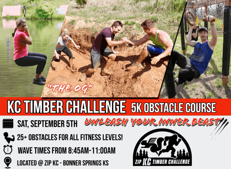 Poster for KC Timber Challenge 5K Obstacle Course on September 5th with photos of participants on obstacles.